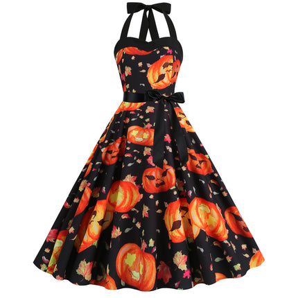 Factory direct supply 2024 Halloween new Hepburn style high waist slim hanging neck large swing long retro dress