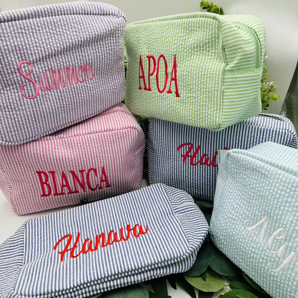 etsy hot selling seersucker embroidered striped cosmetic bag for travel portable toilet storage cosmetic bag