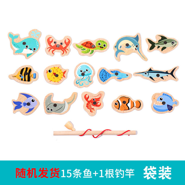 Magnetic Wooden Barrel Marine Fishing Toy Children's Early Education Educational Cognitive Fun Boys and Girls Parent-Child Games