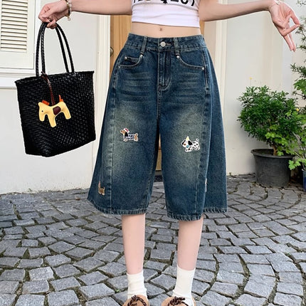 American Retro Dog Embroidery Jeans for Women, Summer New High-Waisted Wide-Leg Straight Pants