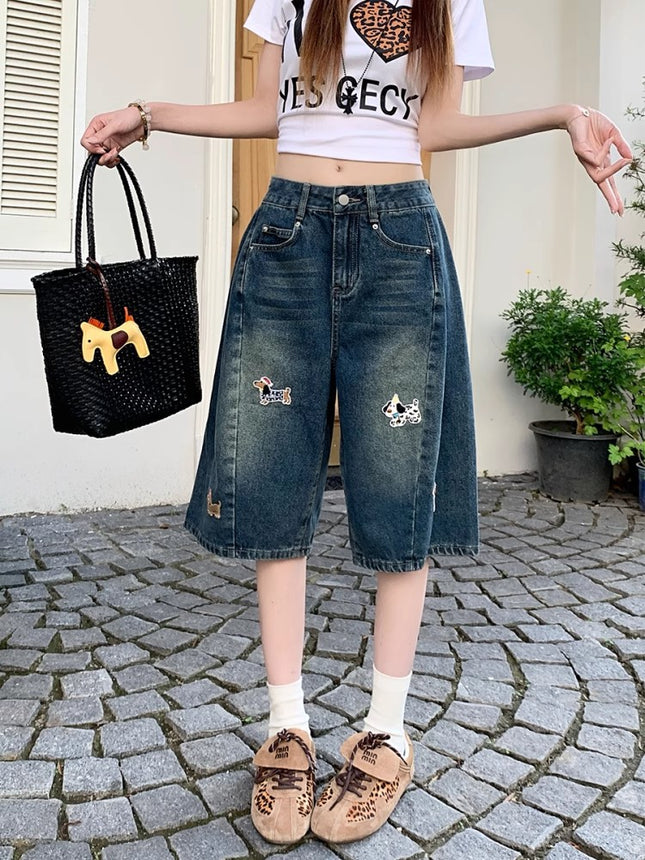 American Retro Dog Embroidery Jeans for Women, Summer New High-Waisted Wide-Leg Straight Pants