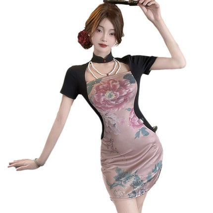 New Chinese Style Improved Collar Cheongsam dress 2024 Summer New National Style Waist Tight Elegant Hip Pencil Skirt for Women