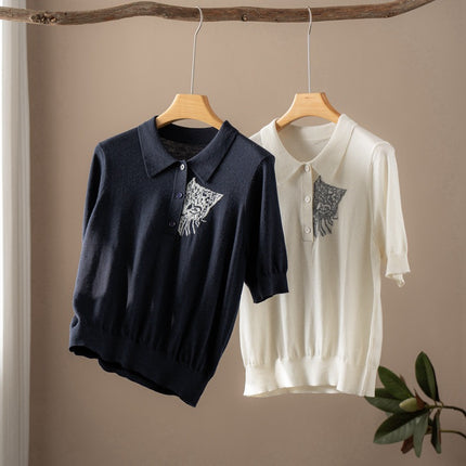 2026 Spring and Autumn Fine Knit Pure Cashmere Intarsia Short Sleeve 18-Gauge Thickened Thin Knit Sweater with Cat Head Design Versatile Knitwear
