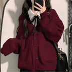Burgundy cardigan + base shirt + black collar rope / XS