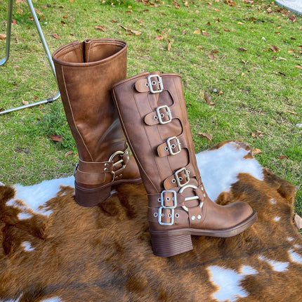 Belt Buckle Thick Heel Knight Boots Women's Autumn and Winter Retro Over-The-Knee Boots Western Cowboy Boots Brown Fashion Boots