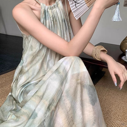New Chinese Style Light Guofeng Dress Dye Green Unique Elegant Fashion Neck Dress Super Nice Niche Long Dress