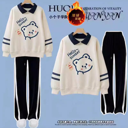 Junior high school students polo collar fleece-lined padded sweater suit autumn and winter girls fashionable sports two-piece set batch