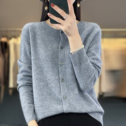 Round neck first-line clothing pure wool sweater cardigan coat women's osmanthus needle knitted bottoming shirt long sleeve solid color top