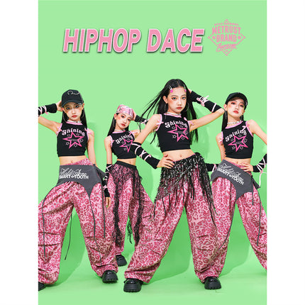 Girls' Jazz Dance Performance Outfits Children's Street Dance Clothing Dopamine Pink Leopard Print Pants Girls' Trendy Outfits