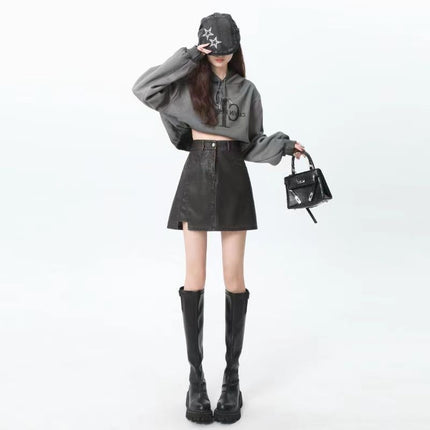 Leather Skirt Short Skirt 2024 New Large Size Design Black Mmpu Small Leather High Waist Pu Skirt