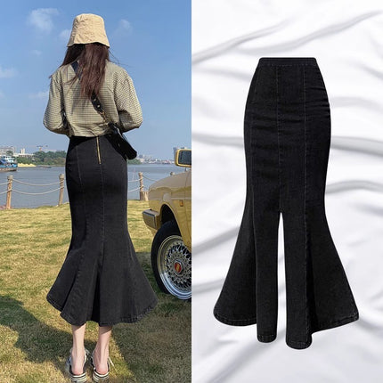 Black Grey Denim Skirt Women's Trendy All-match New Design Sense Niche Hip Fishtail Split Half Skirt