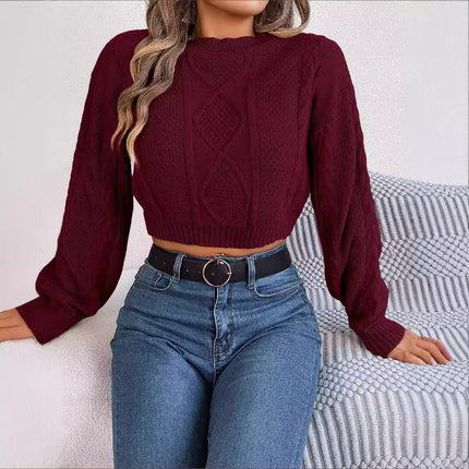 Real Shot of 2025 Autumn and Winter Casual Solid Color Cable Knit Long-Sleeve Pullover Crop Sweater, Independent Cross-Border European and American Women's Fashion