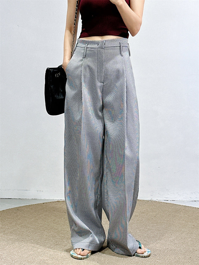 Fan-Favorite: New Spring/Summer Houndstooth Pants for Women, High-Waisted Wide-Leg Pants, Straight Loose Fit, Slimming Suit Pants