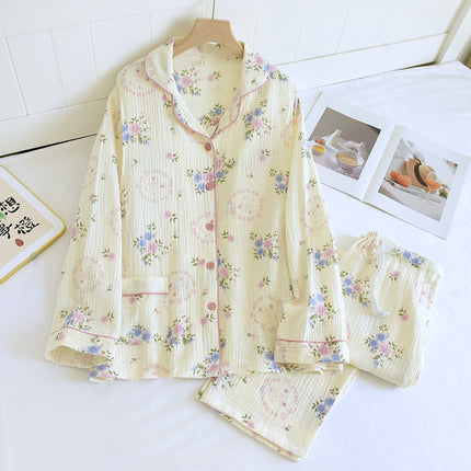 Pure cotton spring and summer nursing pajamas crepe monthly clothing postpartum plus size feeding two-piece pregnant women spring and autumn suit