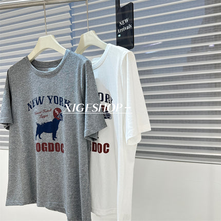 American Style Retro Printed Dog Letter Short-sleeved T-shirt Women's All-match Loose White Casual Korean Style Top Cartoon T-shirt for Summer