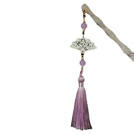 Purple Folding Fan Ink Painting Tassel Hair Hairpin Antique High-end Feeling Disc Hair Hairpin Step-up Women's Hanfu Hair Hairpin Headwear