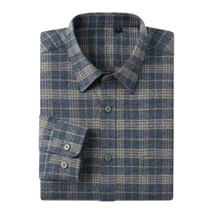 Men's Pure Cotton Brushed Plaid Shirt, Long-Sleeved, Thickened, Casual, Middle-Aged Dad's Shirt, Factory Wholesale