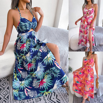 2026 Spring/Summer European and American Floral Sleeveless Hollow-Out Strap Long Dress Vacation Beach Dress Amazon Cross-Border Women's Clothing