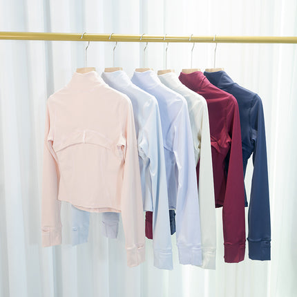 Spring and Summer Yoga Wear Stand Collar Jacket Short Silver Zipper Cardigan Jacket Slim Fit Elastic Slimming Yoga Wear Running