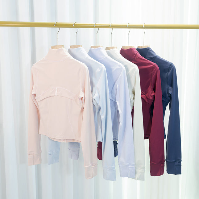 Spring and Summer Yoga Wear Stand Collar Jacket Short Silver Zipper Cardigan Jacket Slim Fit Elastic Slimming Yoga Wear Running