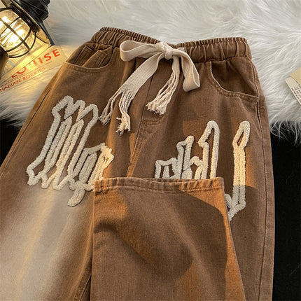 Jeans Men's Four Seasons Trendy All-Match Straight Loose Casual Trousers Towel Embroidered High Street Wide-Leg Denim Pants