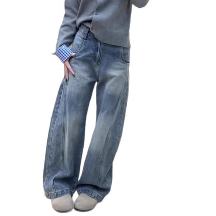 Tall Version Bamboo Texture Loose Scimitar Jeans American Retro Washed Wide-Leg Casual Floor-Length Pants Trendy