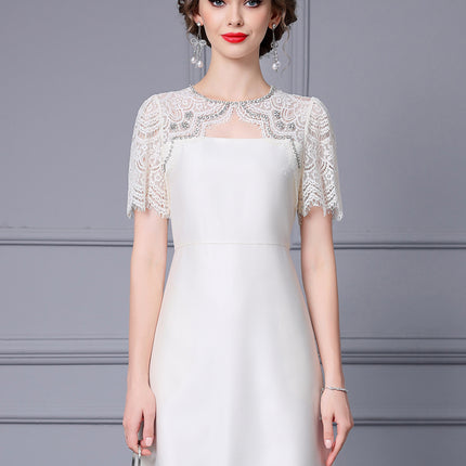 Zhili noble and elegant temperament dress heavy industry nail drill lace stitching short sleeve high waist A- line skirt summer women