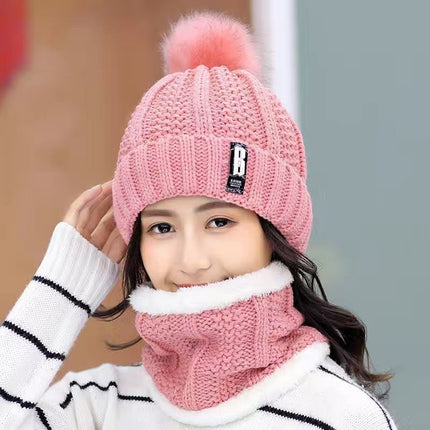 Winter Knitted Women's Hat Fur Ball Fleece-Lined Ear Protection Warm Two-Piece Hat Scarf Letter Mark Knitted Woolen Hat