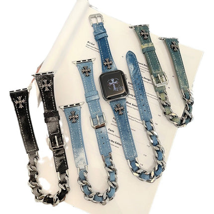 Denim Crocore Double Ring Genuine Leather Thin Strap for Apple Watch iwatchS987654SE Women Ultra