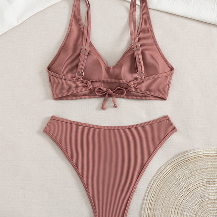 2024 New Cross-Border Amazon Bikini Swimsuit Women's European and American Sexy Pure Color Split High Waist Bikini Swimsuit