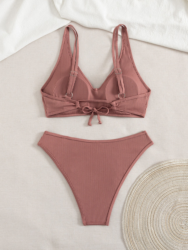 2024 New Cross-Border Amazon Bikini Swimsuit Women's European and American Sexy Pure Color Split High Waist Bikini Swimsuit