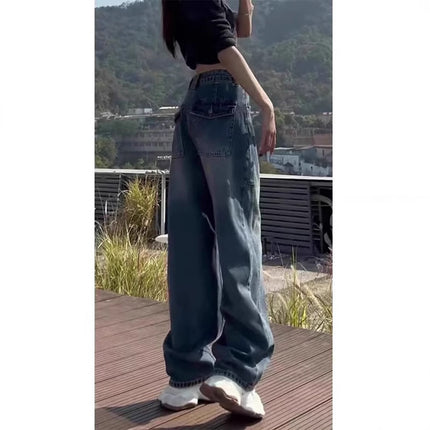 Blue Retro Straight-Leg Jeans for Women, Spring New Style, Petite, Floor-Length, Plus-Size, Loose, Scimitar Wide-Leg Pants