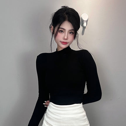 South Korea Dongdaemun New Sexy Chest Figure High Collar Tight Slimming All-match Long Sleeve T-shirt Women's Top