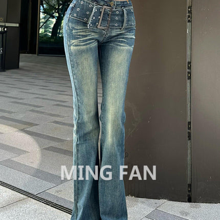 Vintage Gradient Flared Jeans for Women, Autumn Design, American Style, High-Waisted, Stretchy, Slim-Fit, Floor-Length Pants