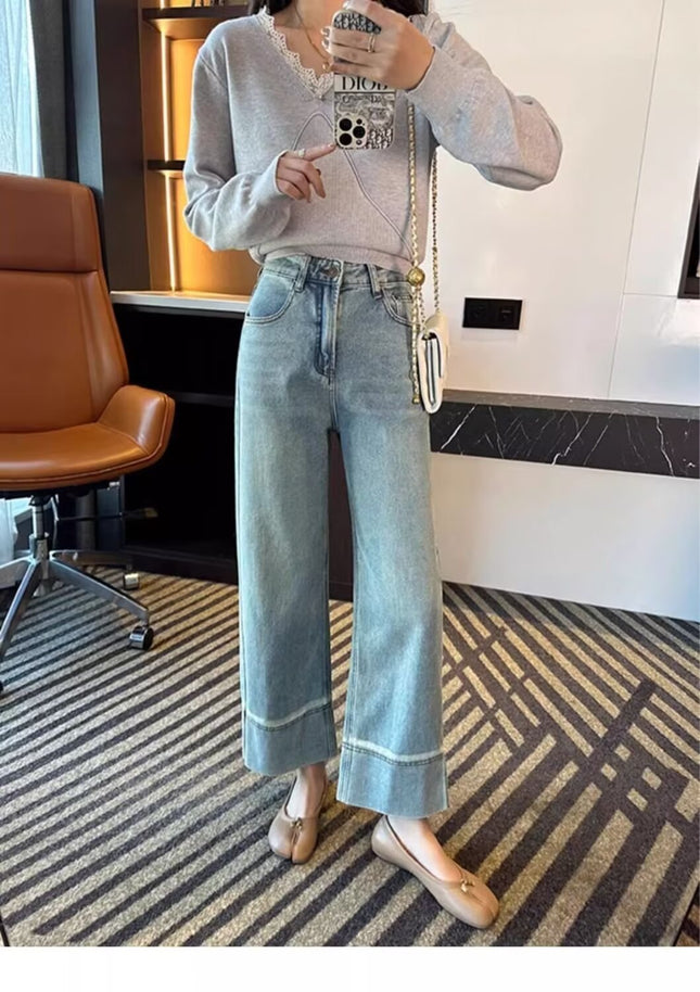 Light Color Straight Jeans Women's Spring and Summer Thin New Pear-Shaped Figure Niche High Waist Slimming Wide Leg Pants