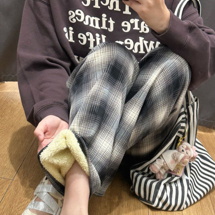 [Add fertilizer to increase] winter fleece-lined thick lambswool plat pants women's high waist warm casual pants