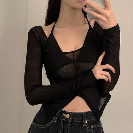 South Korea Dongdaemun Slim-fit Slim-fit Sexy Pure Desire Slightly Brewable Figure Short Long-sleeved T-shirt Top for Women