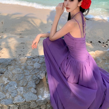Real shot retro light luxury deep V drawable sexy chiffon suspenders dress famous seaside purple