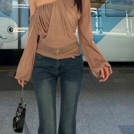 Spring and Summer New Niche Light Luxury Slim Shoulder Slim-fit Micro-transparent Long Sleeve Top