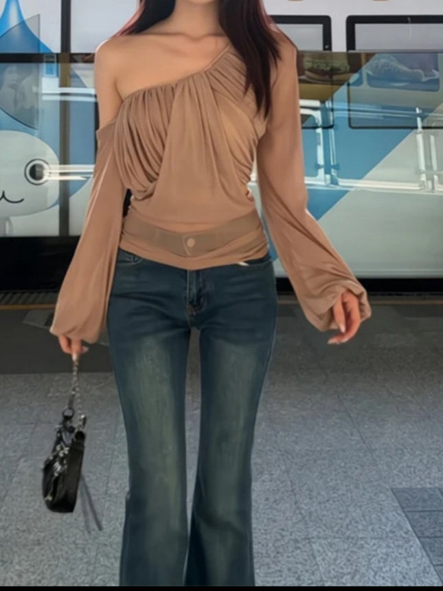 Spring and Summer New Niche Light Luxury Slim Shoulder Slim-fit Micro-transparent Long Sleeve Top