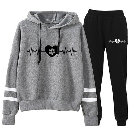 Amazon cross-border supply Europe and the United States electrocardiogram dog feet love printed sweater parallel bars hooded pants suit