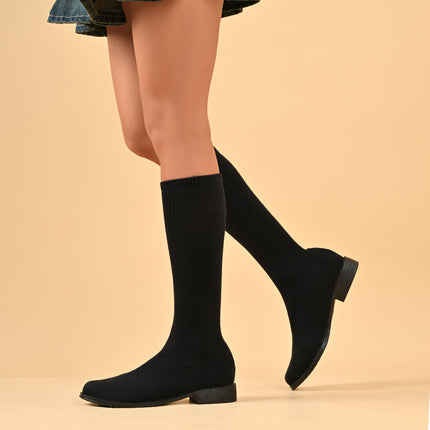 New Foreign Trade Spring and Autumn Elastic Slim Boots Mid-Calf Long Boots Women's Elastic Boots Chunky Heel Knit Sock Boots Slimming Versatile
