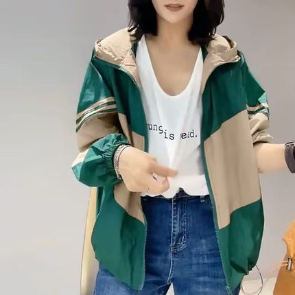 Contrast Color Splicing Hooded Sun Protection Clothing Women's Short 2025 Summer New Loose Long-Sleeved Sun Protection Clothing Thin Jacket