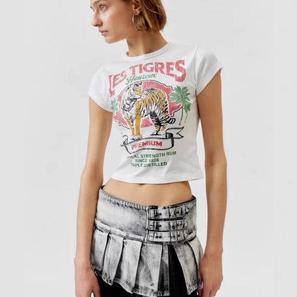 Cross-Border New Summer Round-Neck Tiger Print Short Crop Top Sexy Tight-Fitting Top for Women Slim Fit Summer Quirky Style