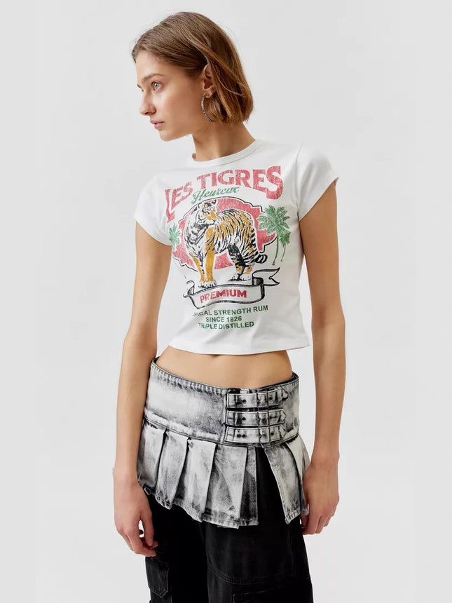 Cross-Border New Summer Round-Neck Tiger Print Short Crop Top Sexy Tight-Fitting Top for Women Slim Fit Summer Quirky Style