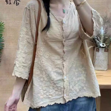 Unique Solid Color Casual Versatile Women's Shirt with Floral Embroidery, Single-Breasted Top, Thin Summer Artistic Blouse