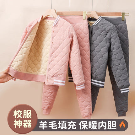 Source Winter Warm School Uniform Fleece-Lined Thickened Inner Wear Children's Student Base Cotton Coat and Pants Set Wholesale
