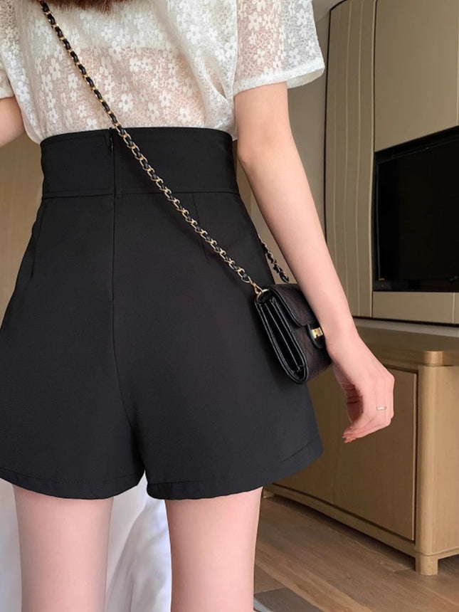 2024 Spring New High Waist A- line Shorts Design Sense Pants Fashion Korean Style Slim Black Wide Leg Casual Pants