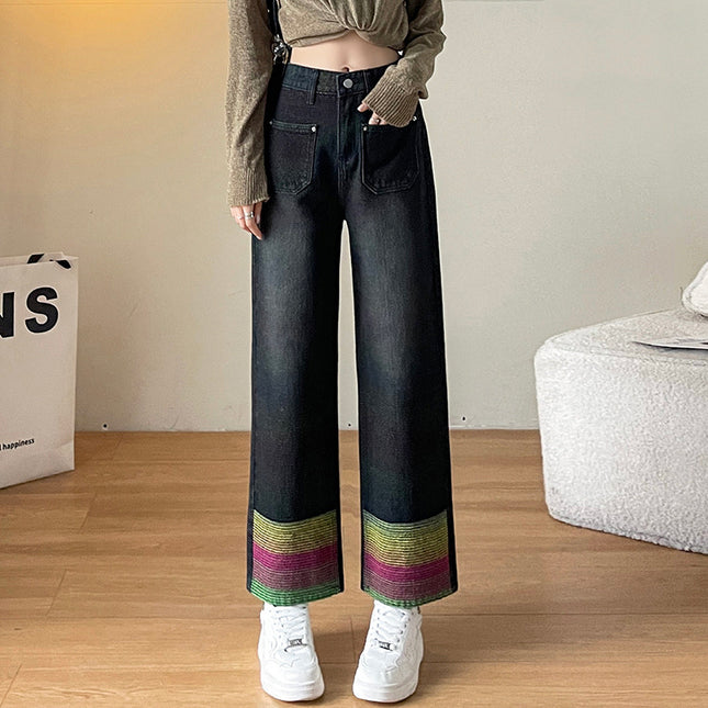 Contrast Color Stitching Vintage Cropped Jeans Women's Autumn and Winter New Small Narrow High Waist Slimming Straight Pipe Pants