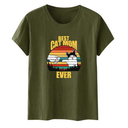 Amazon Summer Best Cat Mom even Mother's Day Fist Cat Letter Printed Casual Short-sleeved T-shirt Women